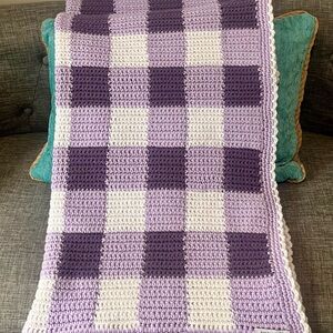 Handmade Crocheted Gingham Baby Blanket - Purple and White